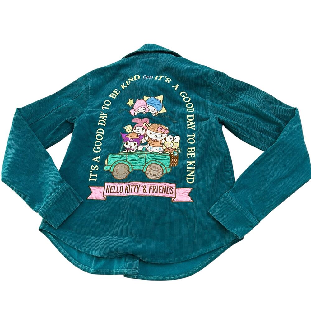 Hello Kitty Sanrio Corduroy Shirt Jacket Embroidered Friends Teal SM -